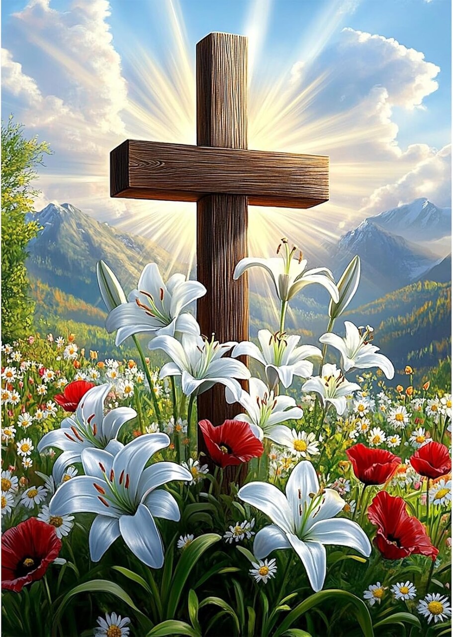 Easter Lily Cross Diamond Art Kits for Adults - 12x16 Inch 5D Full Drill Diamond Painting - Religious Spring Flower Gem Art for Beginners - DIY Faith-Based Rhinestone Craft for Home Wall Decor
